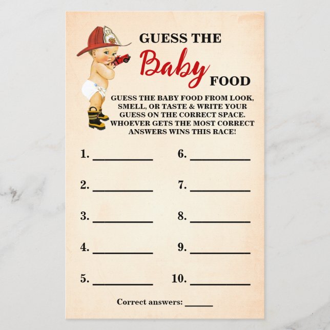 Flyer Baby Firefighter Adivinan Baby Food Shower Game Ca (Frente)