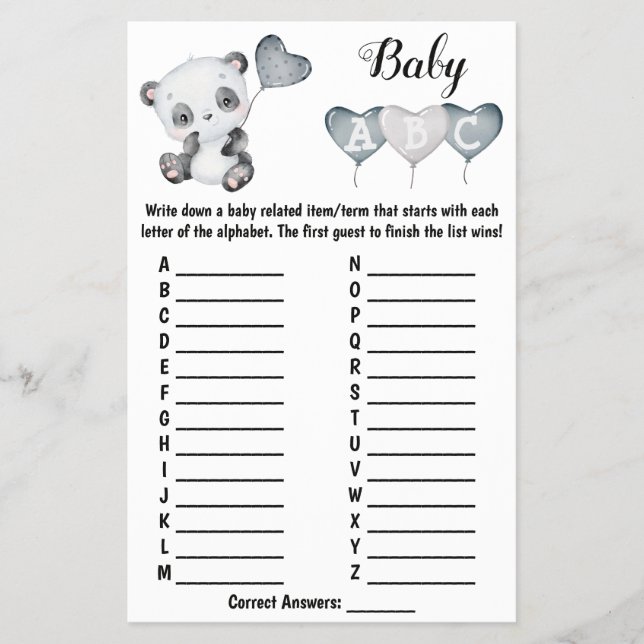 Flyer Baby Panda ABC Tarjeta de juego para Baby Shower (Frente)