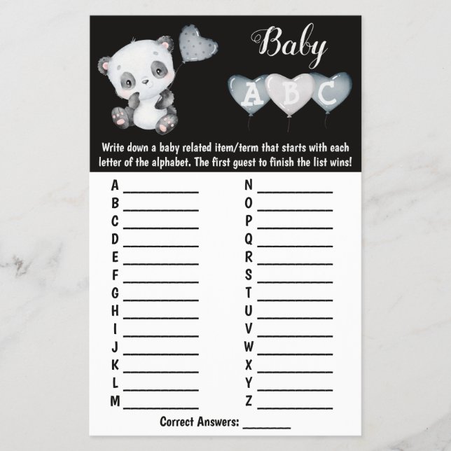 Flyer Baby Panda ABC Tarjeta de juego para Baby Shower (Frente)