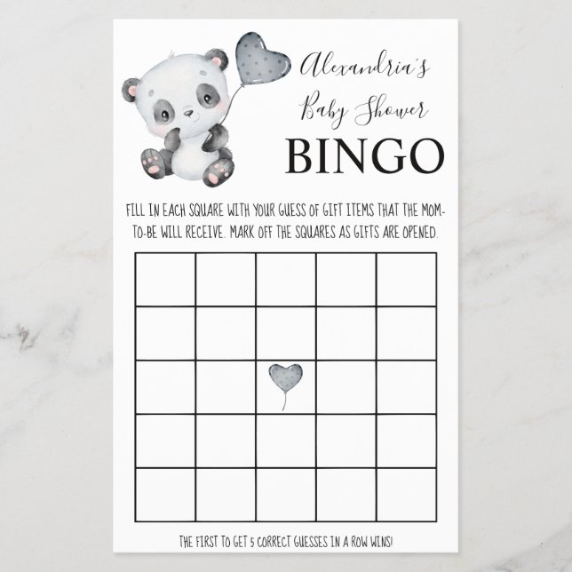 Flyer Baby Panda Bingo Baby Shower Game Card (Frente)