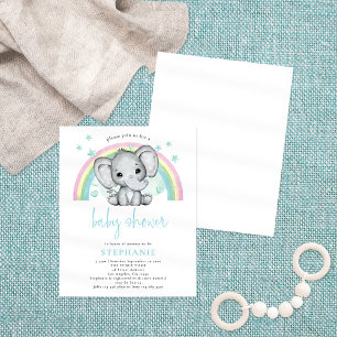 Flyer BABY SHOWER azul arco iris del Elefante de PAPER