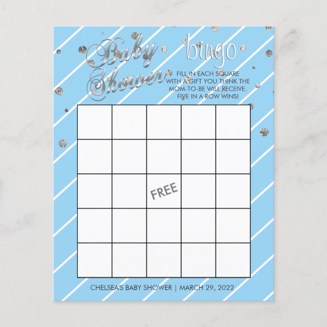 Flyer Baby Shower azul y plata bonito - Bingo (Frente)