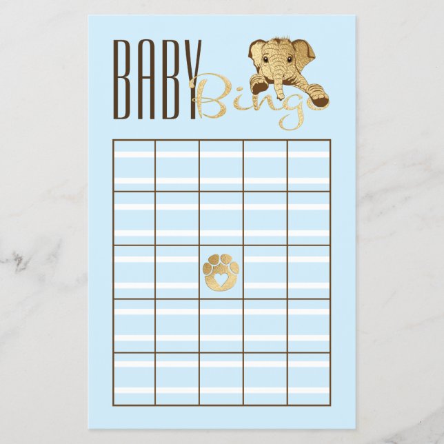Flyer Baby Shower BINGO Baby Blue Gold Elephant (Frente)