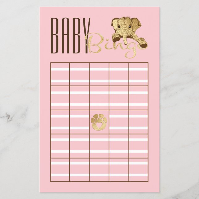Flyer Baby Shower BINGO Baby Gold Elephant Rosa (Frente)