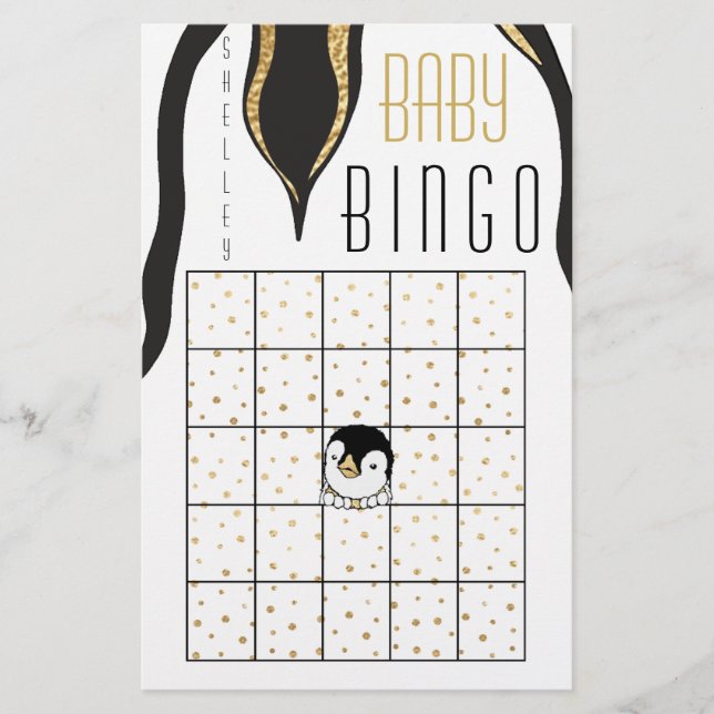 Flyer Baby Shower BINGO "Pingüino de oro" (Frente)
