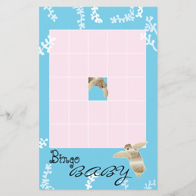 Flyer Baby Shower BINGO "Tortuga rosa/turquesa" (Frente)