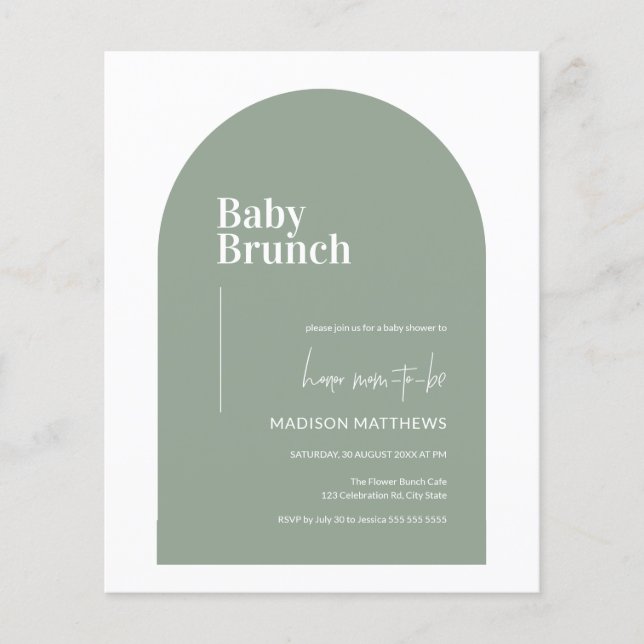 Flyer Baby Shower Budget Sage Green Arch Baby Brunch (Frente)