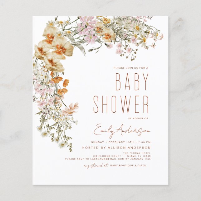 Flyer Baby Shower de Budget Wildflower Boho (Frente)