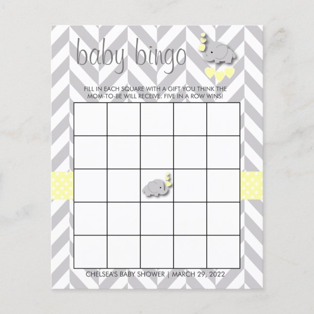 Flyer Baby Shower de elefante amarillo y gris - Bingo (Frente)