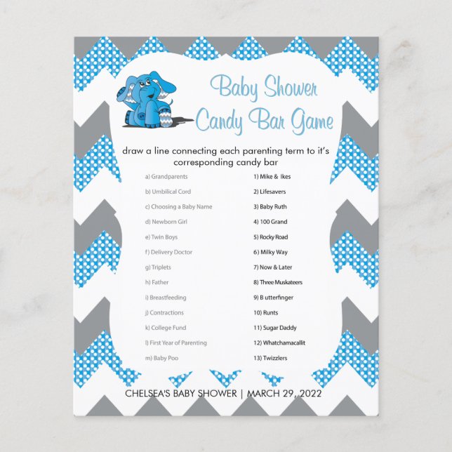 Flyer Baby Shower de elefante de Chevron azul y gris | J (Frente)