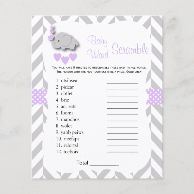 Flyer Baby Shower de Elefante Morado y Gris - Scramble (Frente)