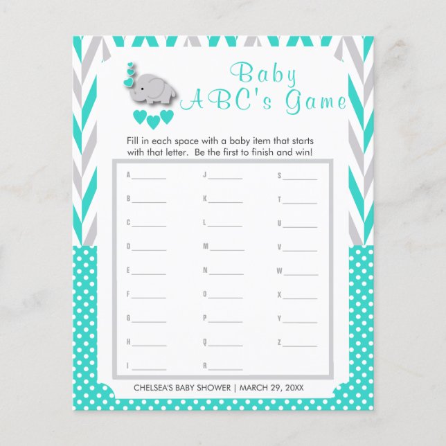 Flyer Baby Shower de Elefante Turquesa y Gris - ABC (Frente)