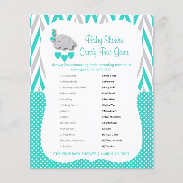 Flyer Baby Shower de Elefante Turquesa y Gris - Bar de c (Frente)