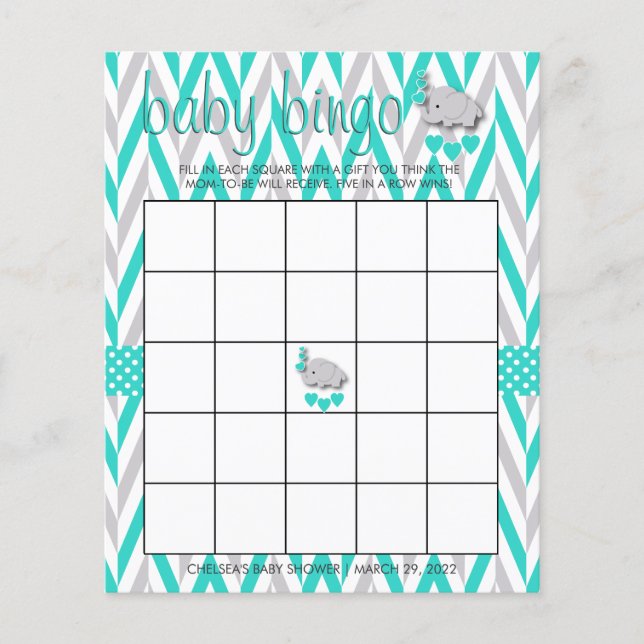Flyer Baby Shower de Elefante Turquesa y Gris - Bingo (Frente)