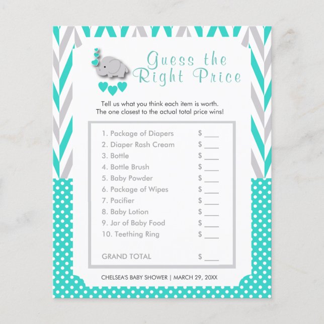 Flyer Baby Shower de Elefante Turquesa y Gris - Precio (Frente)