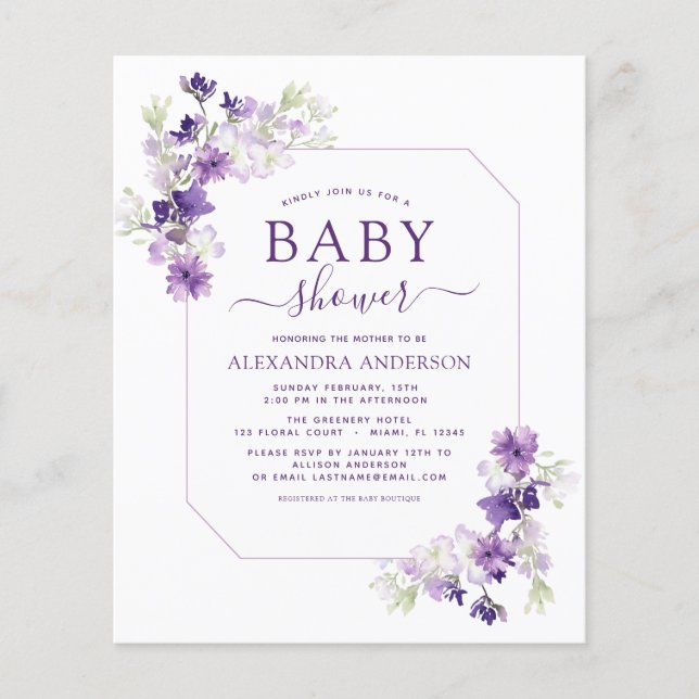 Flyer Baby Shower de vegetación floral púrpura y asquero (Frente)