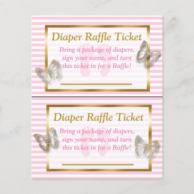 Flyer Baby Shower Diaper Raffle con mariposa rosa y dora (Frente)