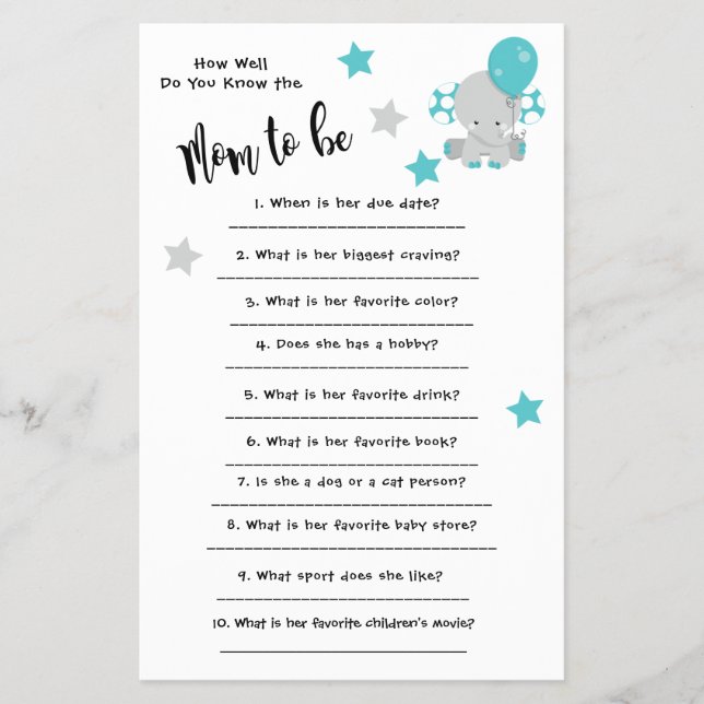 Flyer Baby Shower Elephan How well you know the card (Frente)