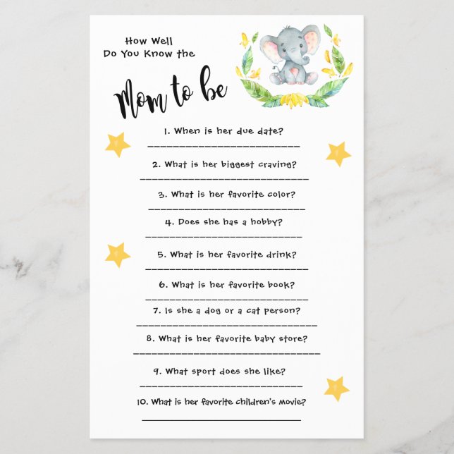 Flyer Baby Shower Elephant ¿Qué tan bien conoces la tarj (Frente)