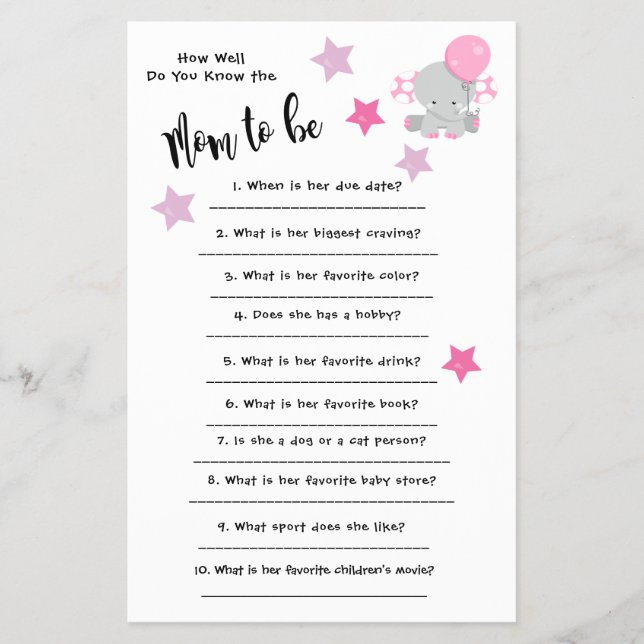 Flyer Baby Shower Elephant ¿Qué tan bien conoces la tarj (Frente)