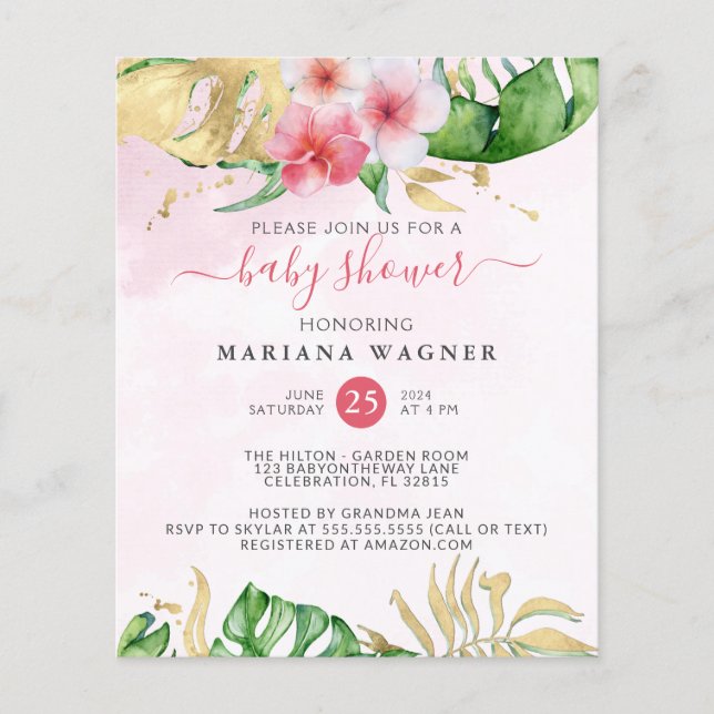 Flyer Baby Shower Floral Acuarela Moderna Presupuesto (Frente)