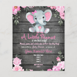 Flyer Baby Shower floral rústico para elefantes rosados