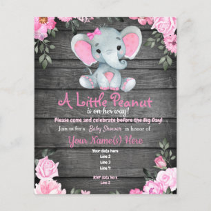 Flyer Baby Shower floral rústico para elefantes rosados
