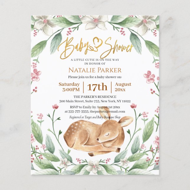 Flyer Baby Shower Floral Verde de Woodland Deer Sage (Frente)