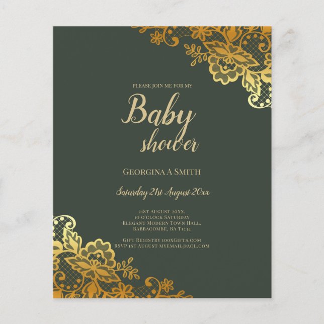 Flyer Baby Shower Gold Lace Emerald Green (Frente)