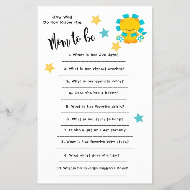 Flyer Baby Shower Lion ¿Qué tan bien conoces la tarjeta? (Frente)