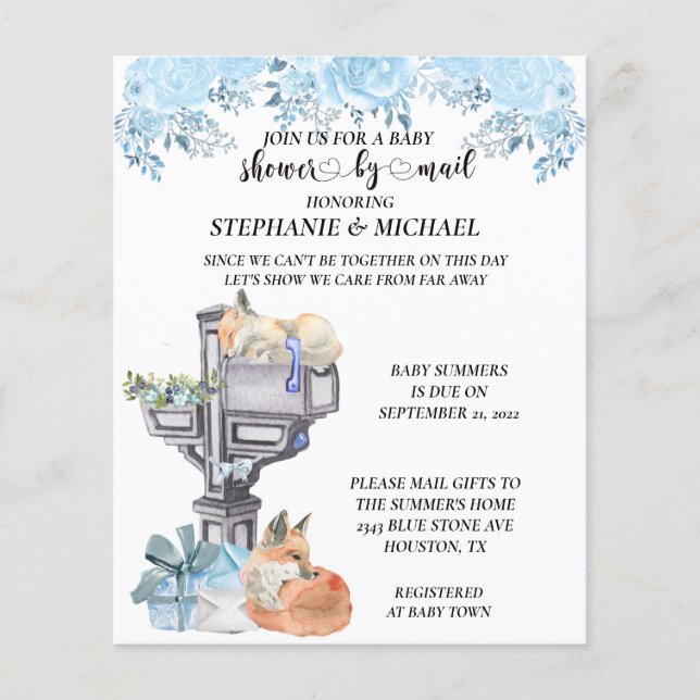 Flyer Baby Shower Por Correo Acuarela Foxes Blue Invitat (Frente)