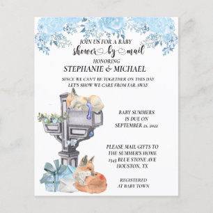 Flyer Baby Shower Por Correo Acuarela Foxes Blue Invitat