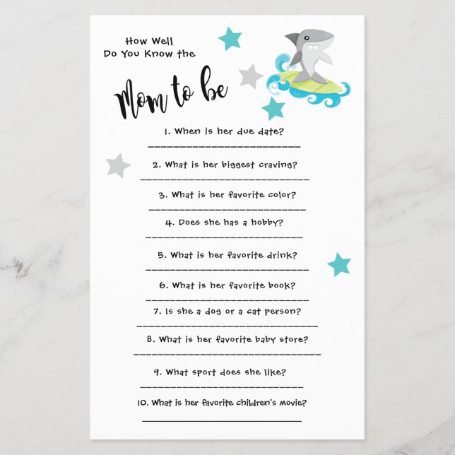 Flyer Baby Shower Shark ¿Qué tan bien conoces la tarjeta (Frente)