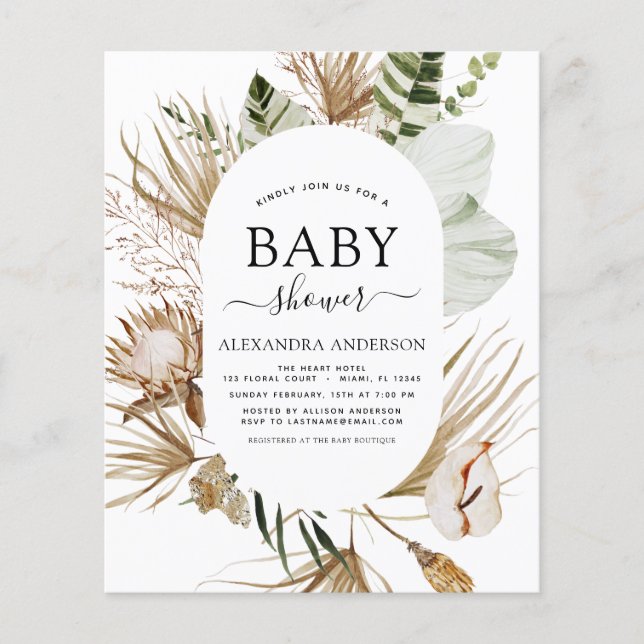 Flyer Baby Shower Tropical Boho de Presupuestos Pampas (Frente)