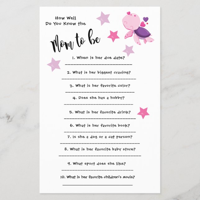 Flyer Baby Shower Turtle How well you know the card (Frente)