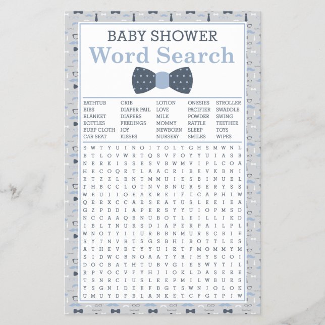 Flyer Baby Shower Word Search, azul, gris (Frente)