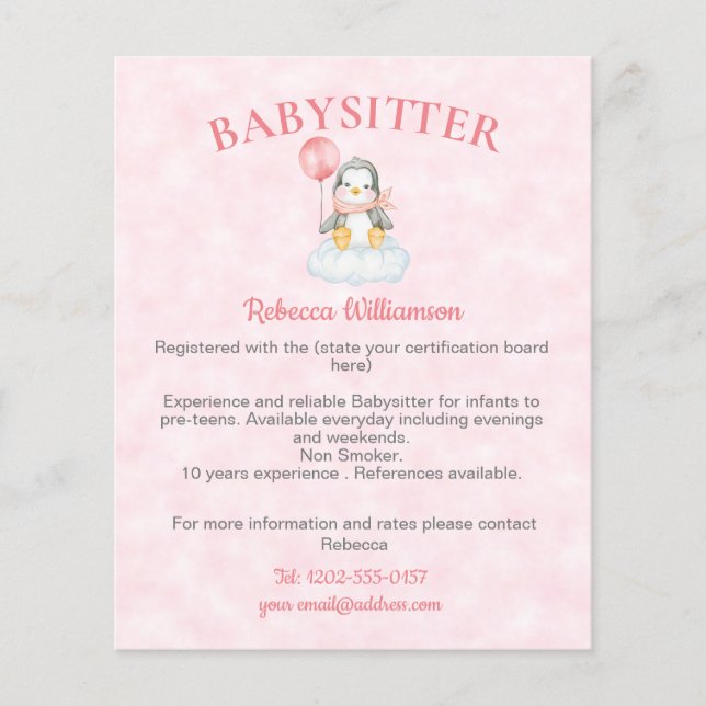 Flyer Babysitter Nanny Cute Penguin Business (Frente)