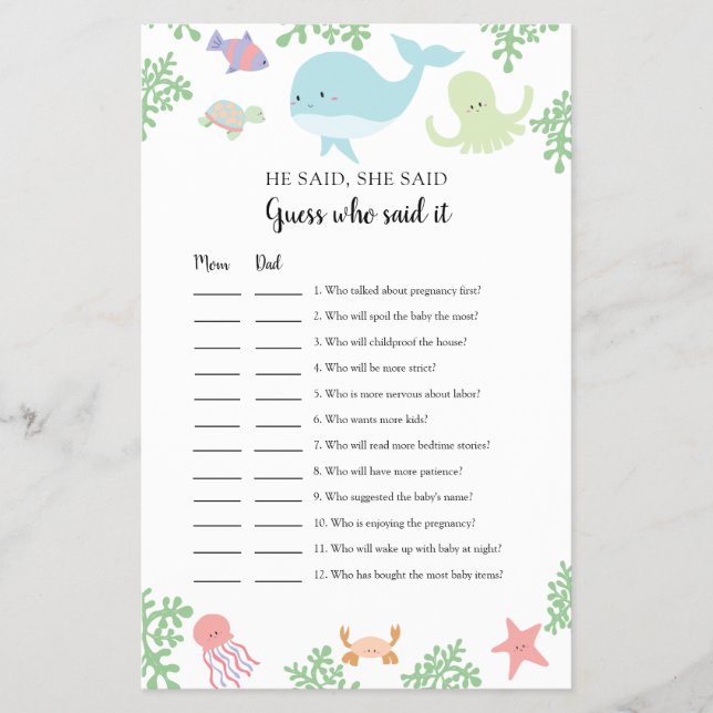 Flyer Bajo el mar Baby Shower Adivina quién lo dijo Jueg (Frente)