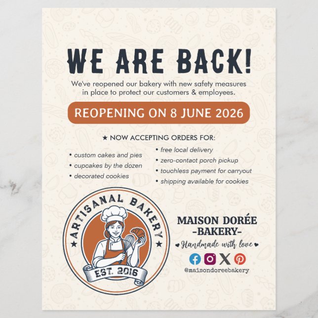 Flyer Bakery Pastry Chef Baking Catering Grand Reopening (Frente)