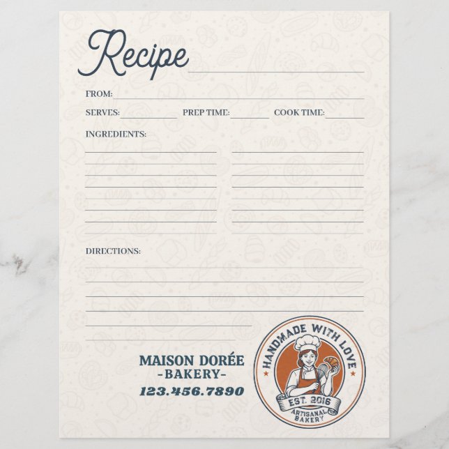 Flyer Bakery Pastry Chef Baking Recipe Page Cookbook (Frente)