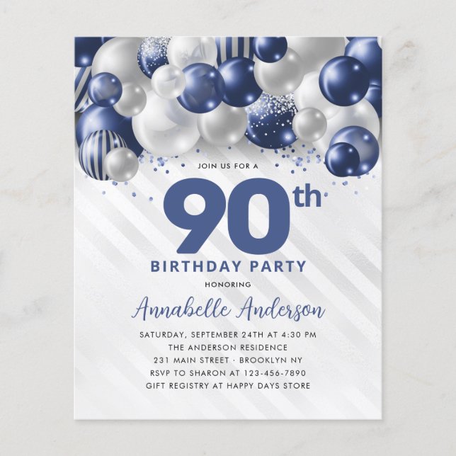 Flyer Balón barato Blue Silver Purpurina 90 cumpleaños (Frente)