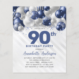 Flyer Balón barato Blue Silver Purpurina 90 cumpleaños