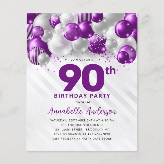 Flyer Balón barato Morado Plata Purpurina 90 cumpleaños (Frente)