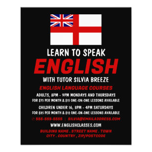 Flyer Bandera de Inglaterra, anuncio de curso en inglés
