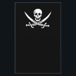 Flyer Bandera pirata de Jolly roger<br><div class="desc">Personaliza fácilmente este divertido gráfico de cráneo pirata Jolly Roger moderno de niños y cruza la bandera de espadas en un fondo negro. Puede cambiar fácilmente el color de fondo de un rango de más de 200 colores.</div>