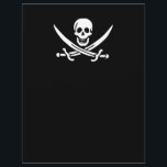Flyer Bandera pirata de Jolly roger<br><div class="desc">Personaliza fácilmente este divertido gráfico de cráneo pirata Jolly Roger moderno de niños y cruza la bandera de espadas en un fondo negro. Puede cambiar fácilmente el color de fondo de un rango de más de 200 colores.</div>