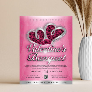 Flyer Banquete de San Valentín de Rosas Rosadas y Corazo