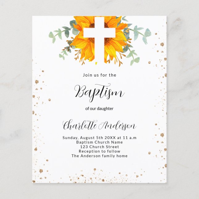 Flyer Baptism sunflower eucalipto invitación presupuesta (Frente)