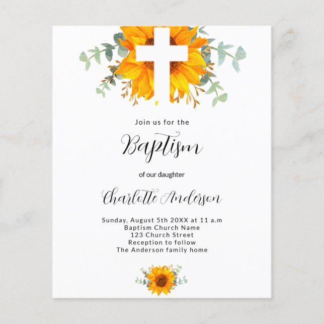 Flyer Baptism sunflower eucalipto invitación presupuesta (Frente)