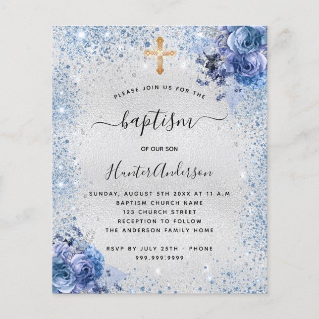 Flyer Baptismo niño azul plata invitación floral presupu (Frente)